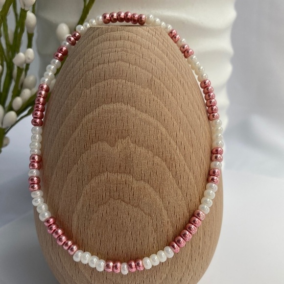 𝅺STRETCH Beaded Anklet Pearl and Pink - Picture 1 of 10